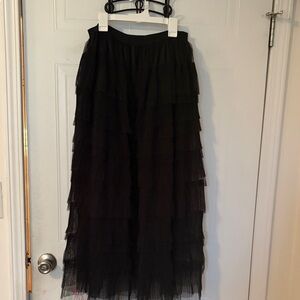 Black Tiered Maxi Skirt with Mesh Ruffled Layers